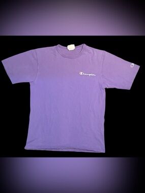 Vintage Champion Embroidered Script Logo T Shirt Mens Medium Purple USA Tee